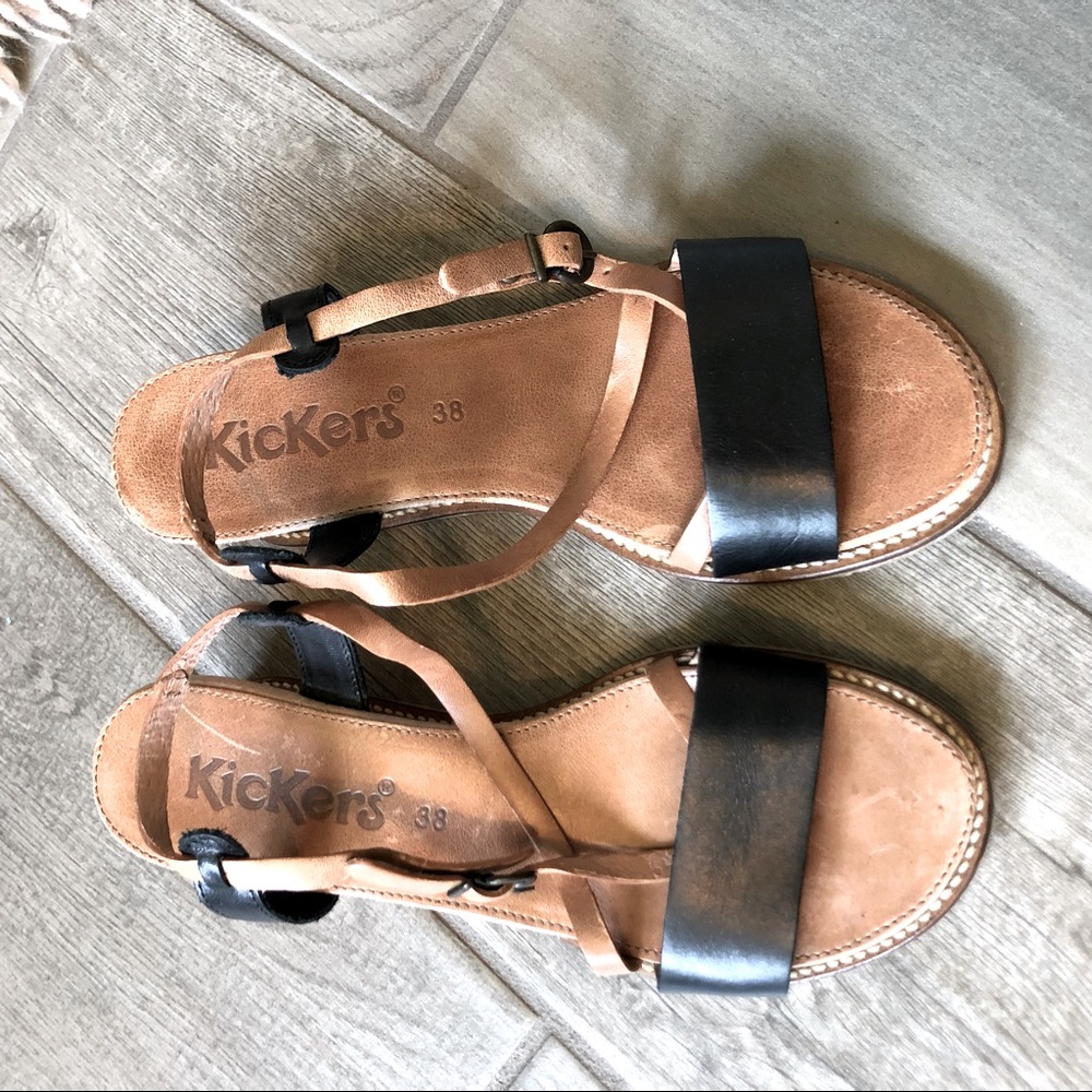 KICKERS French Sandals 38EU Excellent Black Brown cork Wedges Anthropologie EC.